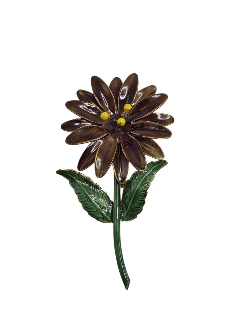 Vintage Sandor Enamel Flower Brooch Brown Daisy Pin Green Leaf Mid Century Fall